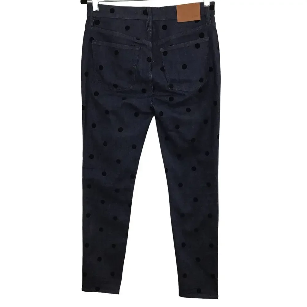 J CREW 9 in High Rise Toothpick Ankle Crop Jeans Dark Wash Black Velvet Dots 29